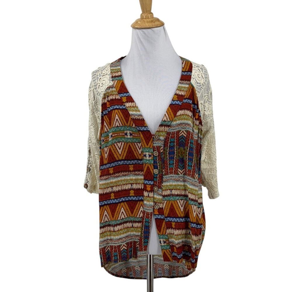 BKE Blouse Womens S Small Crochet Sheer Sleeves Embroidered High Low Western Top